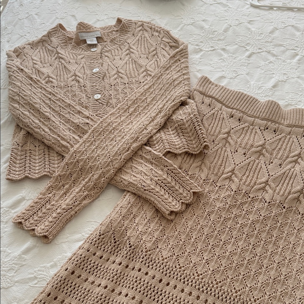 House of Harlow 1960 Crocheted Beige Cardigan and Skirt Set